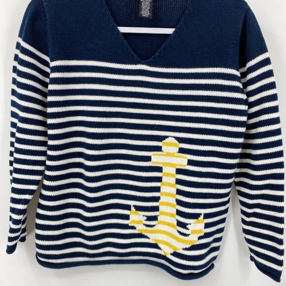 Norton Studio Petites Striped White Navy Gold Anchor Sweater Petite Small - Picture 2 of 8